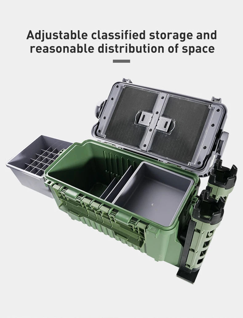 BaseBox Pro — Cutie Pescuit cu Suport Lansetă & Organizare Completă